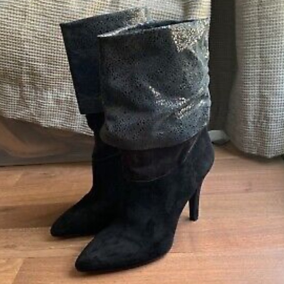 BCBG Generation Earla Black Suede Boots Mosaic Cuff Mid Calf Boots Sz 8 - Picture 1 of 7